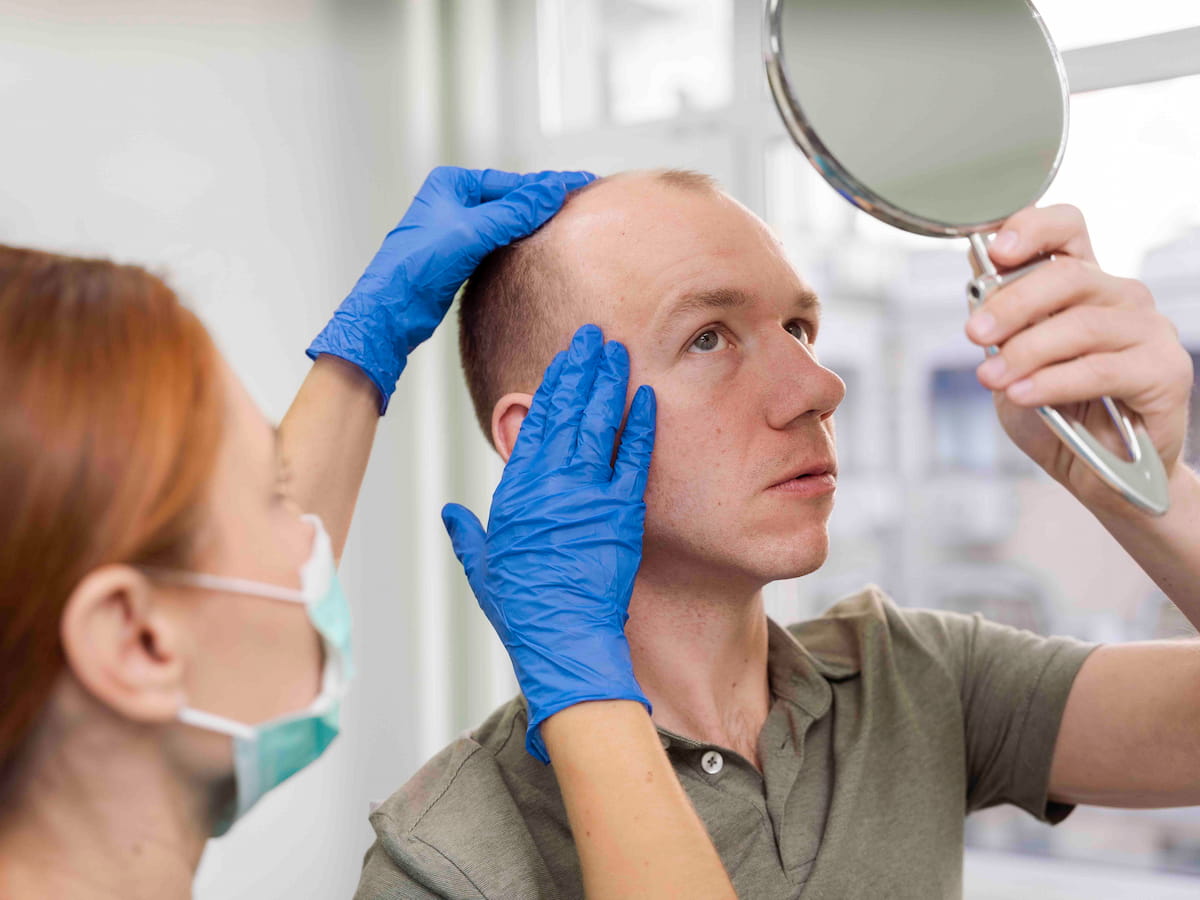 A healthcare is examining a man's head for a potential hair transplant, with the man holding a mirror to inspect his hairline.