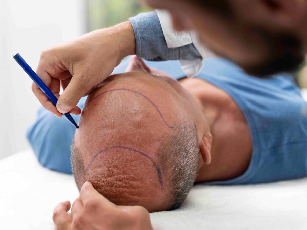 A healthcare examining a hair transplant on a male patient, with blue gloves injecting follicular units into the patient's scalp.