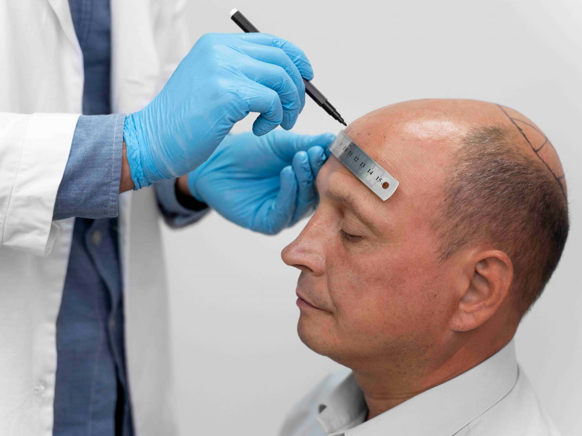 A man undergoing a hair transplant procedure with a specialist marking the scalp before treatment in a clinic.