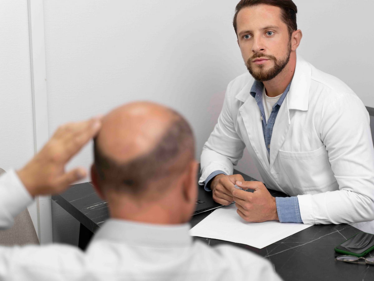A bald person consulting with doctor which is the best technique for hair transplant?