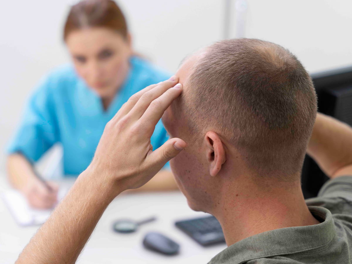 A man with a hair loss speaking to a transplant surgeon during a consultation.