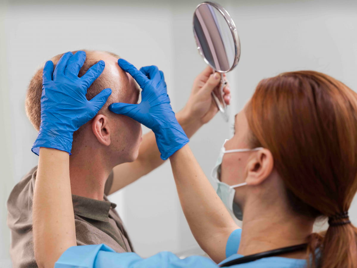 A female doctor examines a male patient's hairline using a mirror to assess hair loss before a hair restoration procedure.