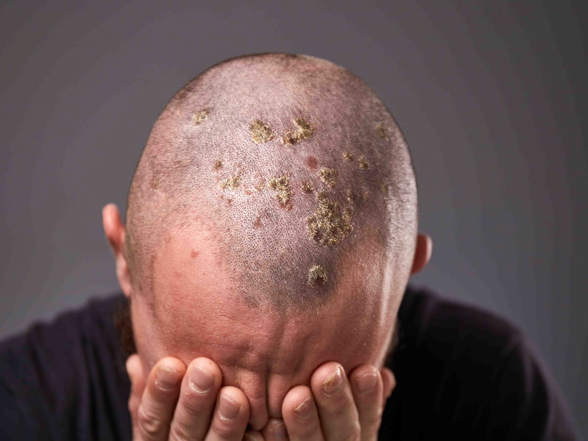 Close-up of a man scalp with scabs last after hair transplant.