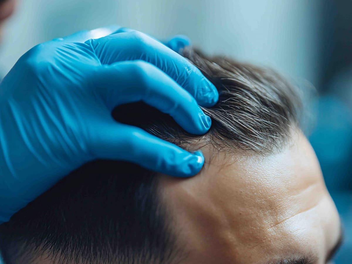 Doctor examining patient's scalp to assess how to increase hair density after hair transplant.
