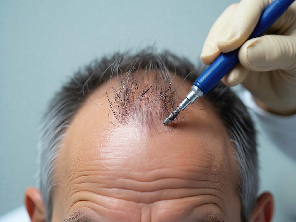 Close-up of a doctor performing the pen method hair transplant on a man's scalp with thinning hair.