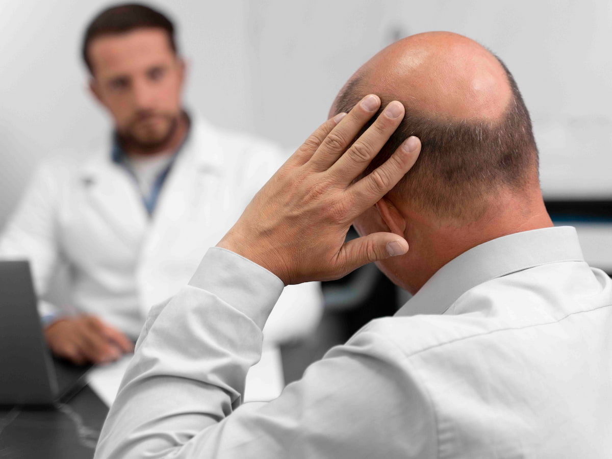 A bald man consulting a doctor about the treatment on choosing PRP or GFC, which is best after hair transplant.