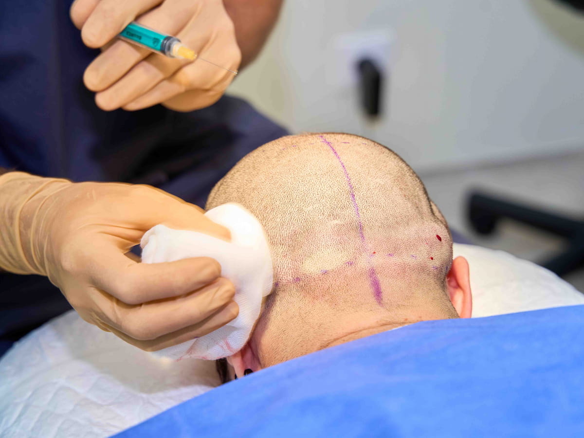 Surgeon is performing hair transplat surgery and telling patient how to heal donor area after hair transplant.