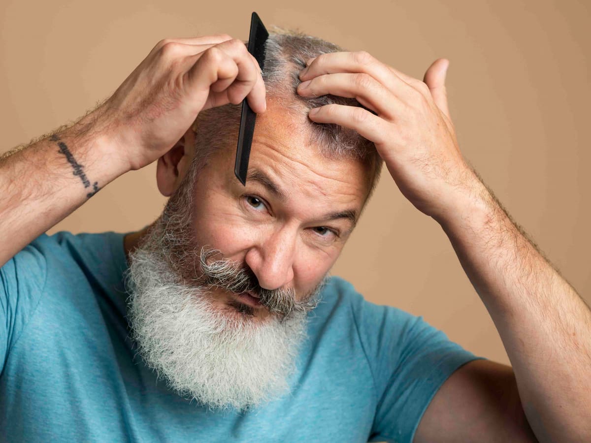 A man gently showing proper post-transplant hair care to comb hair after hair transplant.